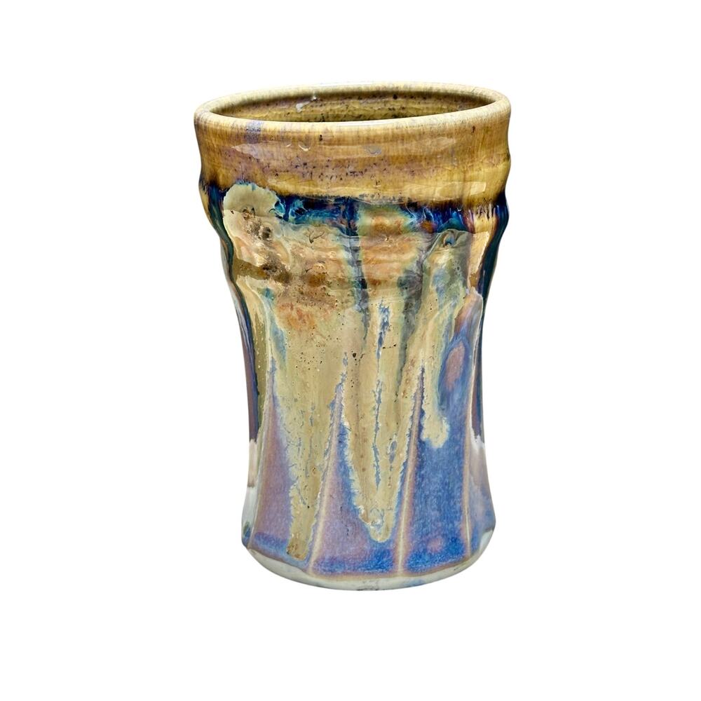 Studio Pottery Vase Signed Mayhew Drip Glaze Blue Tan Brown Art Ceramic Handmade